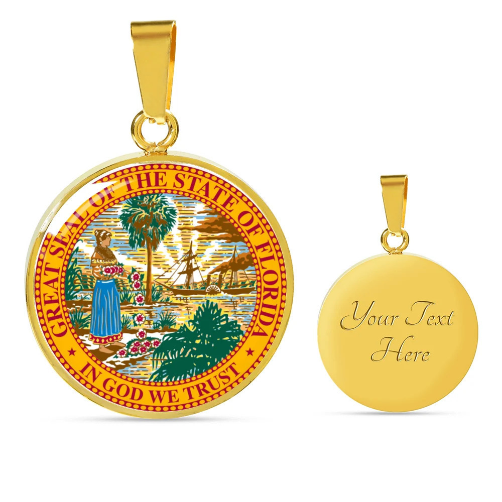 Florida State Seal Personalized Engraved Gold Circle Necklace Custom Name Date